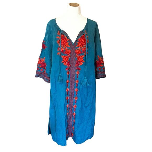 Soft Surroundings Bird Embroidered Midi Dress •M• Aztec Boho Kaftan Tassel Teal - Picture 7 of 13